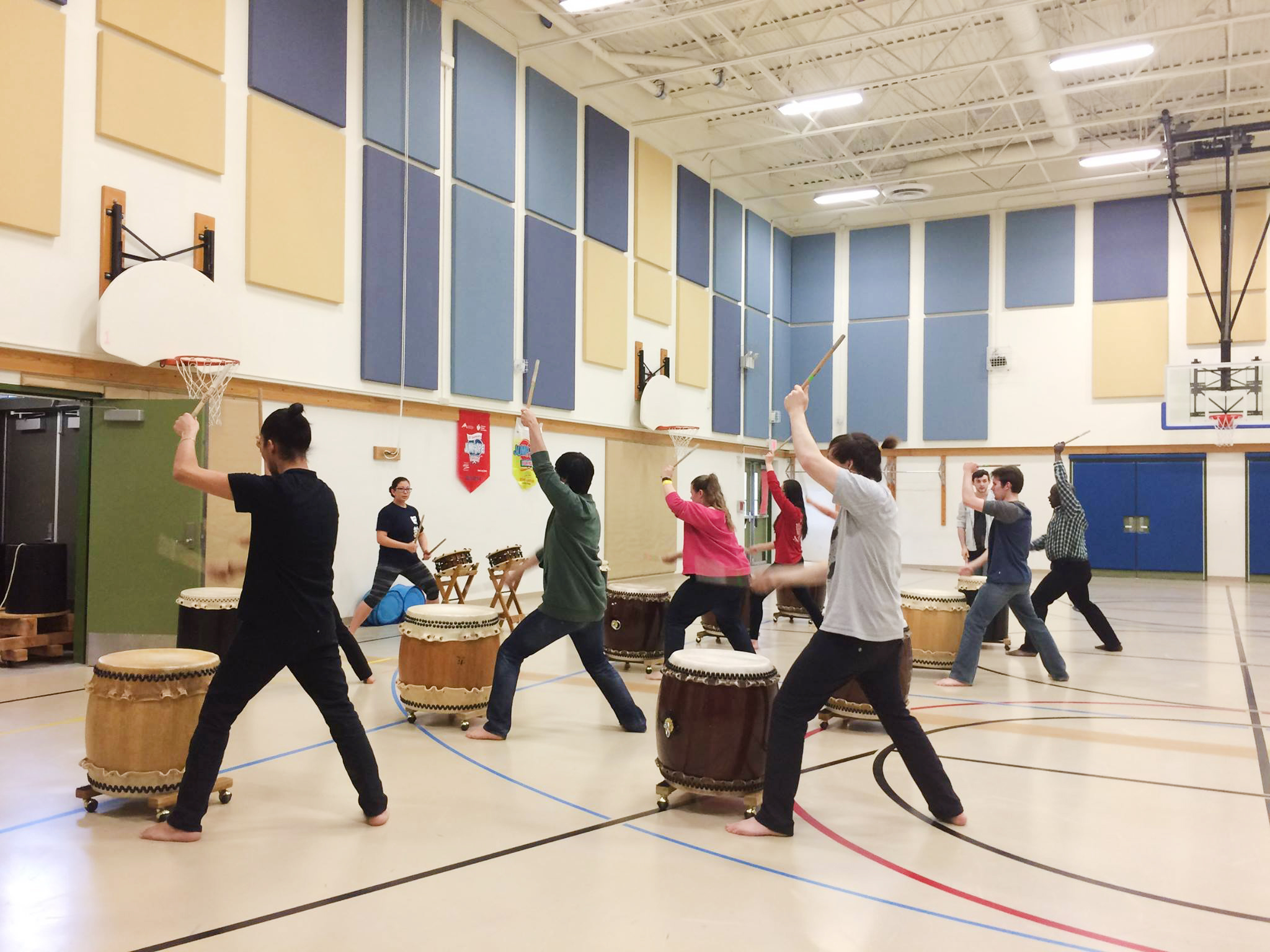 Japanese students participating in traditional Japanese drumming performance