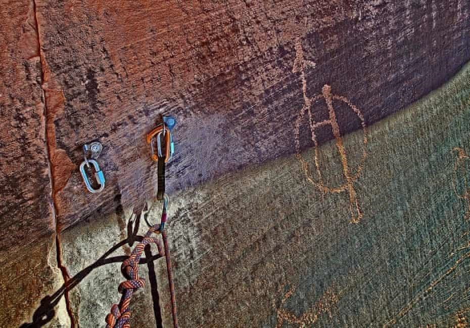 Bolt anchors placed near a petroglyph near Moab, Utah. Photograph: Darren Reay/Facebook