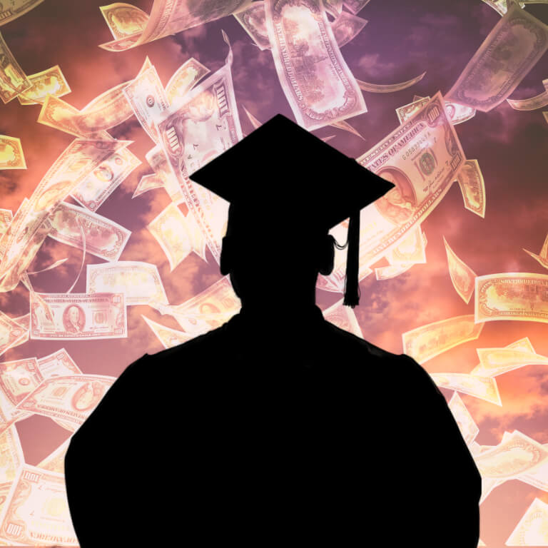 silhouette of graduate in from of money