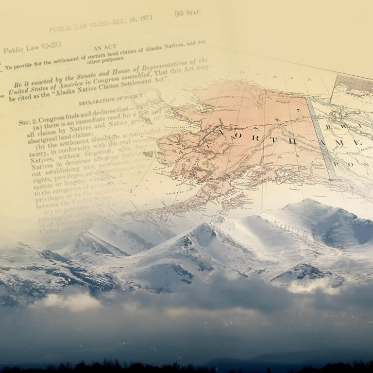 Mountain range, map of Alaska, and text from the ANCSA