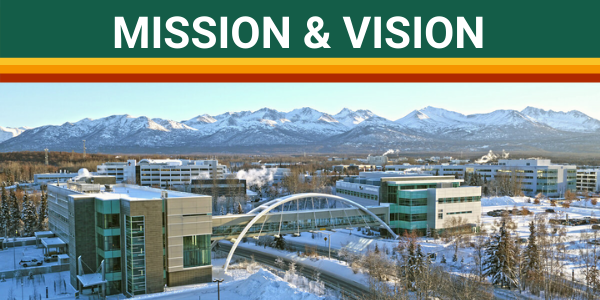 Image of a snow-covered campus with the words "mission and vision"