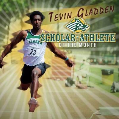 photo of student, Tevin Gladden, as he crosses the finish line at a track and field event with his name and "scholar athlete of the month" written across the image.