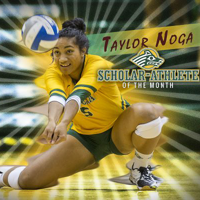 student, Taylor Noga, hits a volleyball with her name and the text "scholar-athlete of the month" over the image.