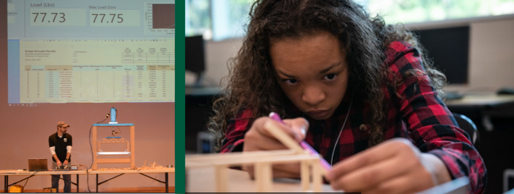 Two images of the bridge strength competition. In one image, Dr. Scott Hamel tests a student's bridge. In the other image, a student builds a bridge.