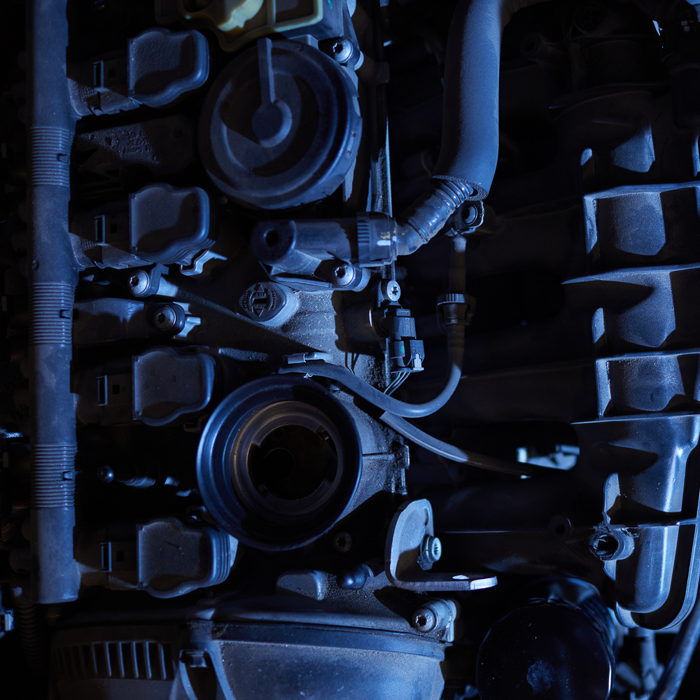 An engine in dim lighting.