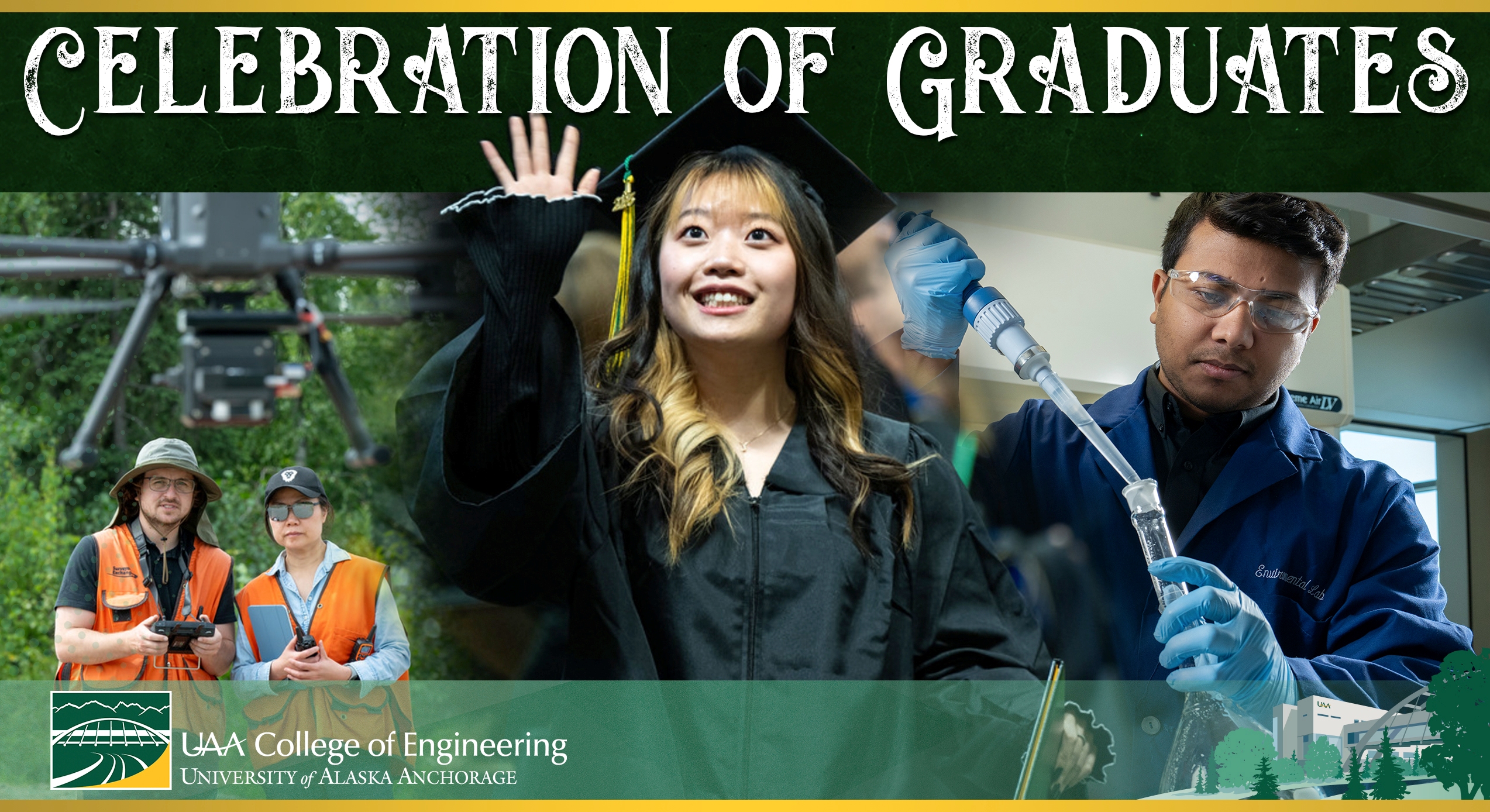 split image student and advisor in lab, student at commencment in regalia smiling, students using survey equipment