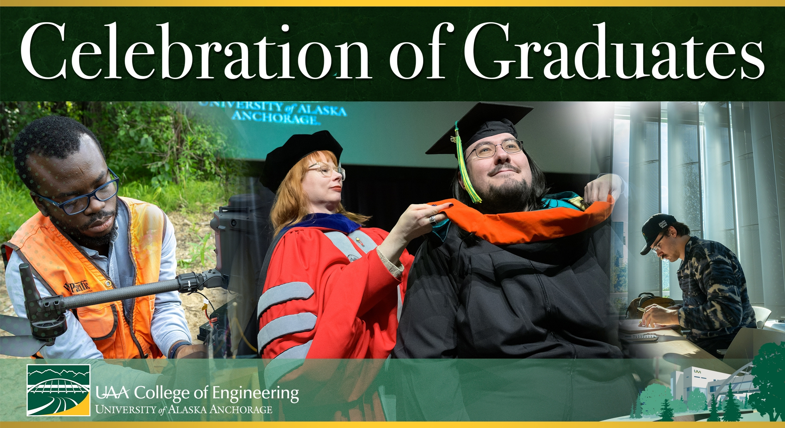 split image with student doing field work using surveying equipment, Associate Dean Brock placing hood over graduates head during masters degree hooding ceremony, and a student studying at a table near the windows in the EIB Solarium