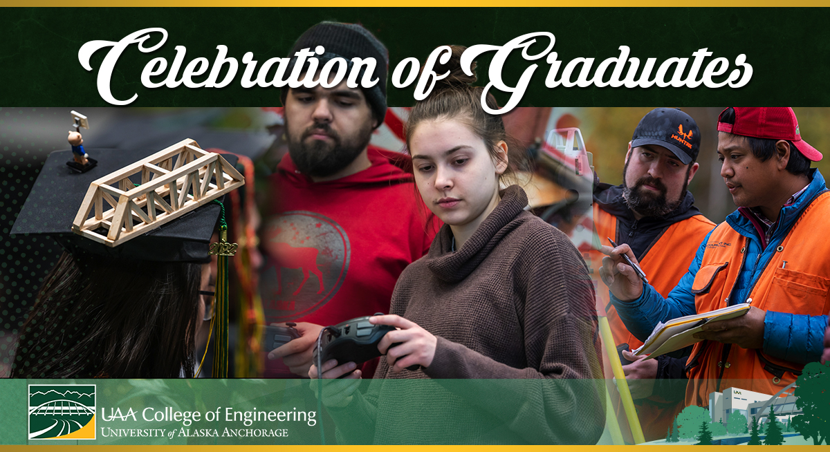 Celebration of Graduates Header of students soldering computer waffer boards, student graduating and a student operating a robot, two others looking through a surveying laser and another in graduation garb.