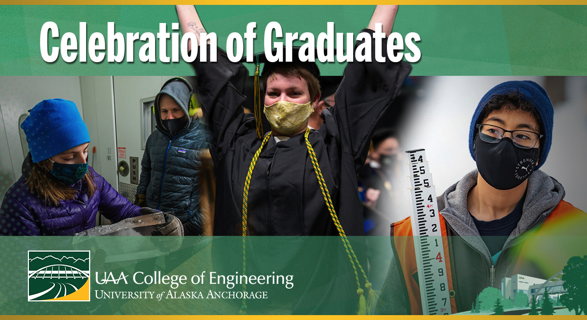 Celebration of Graduates Header depicting a student graduating, two students holding ice core samples and another student holding a survey pole.