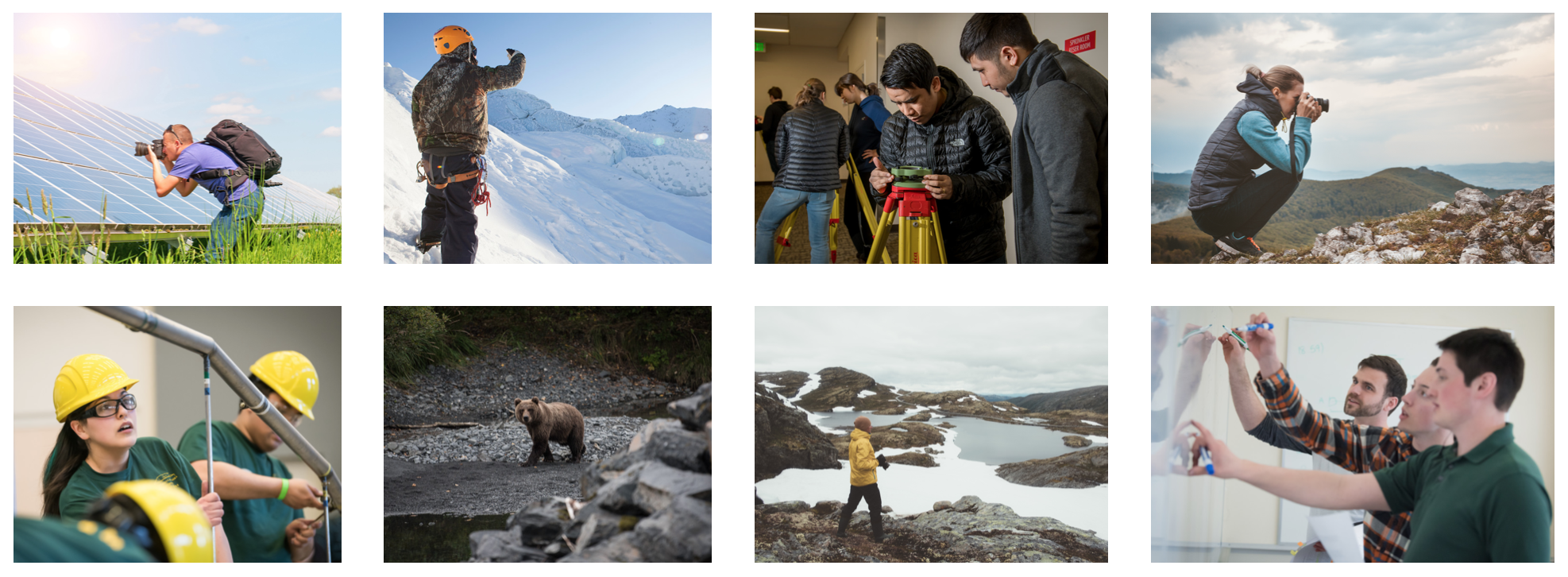 montage of images including outdoor shots, student photographers, and classroom and lab imges