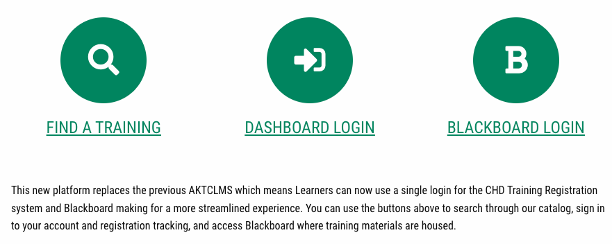 preview of genius registration system landing page with buttons called find a training, genius login, and blackboard login