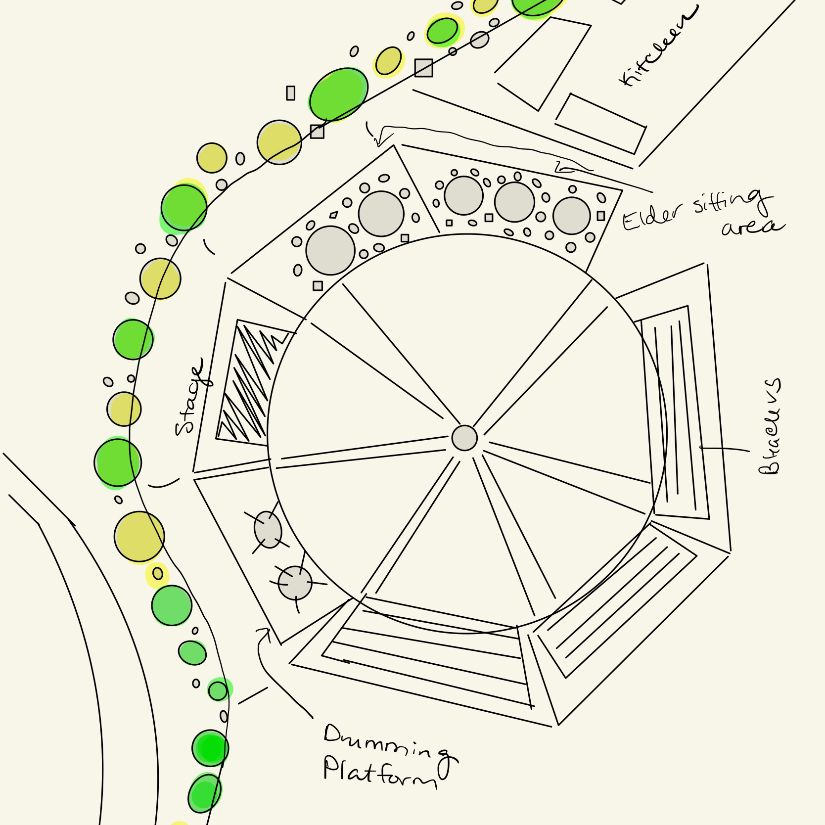 graphic map of powwow grounds and writing to describe buildings