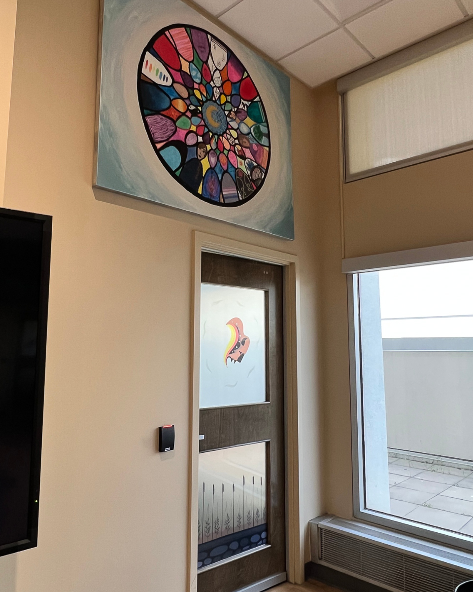 indiginous style artwork on cavas of people in circle above a frosted glass door