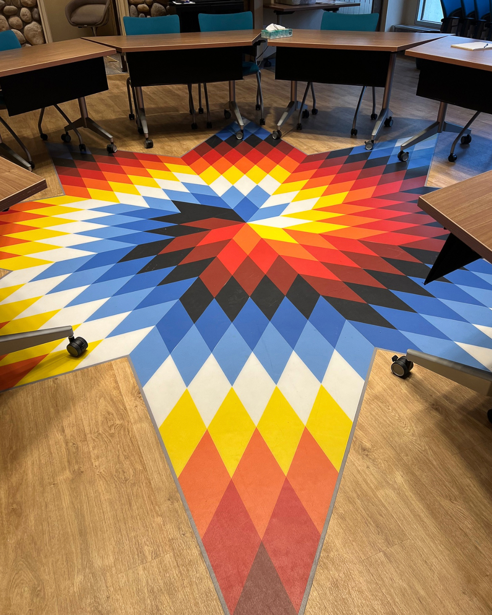 room with desks, chairs and red, blue, white and yellow star on ground