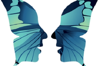 SAKI research faces facing each other, in the shape of butterfly wings