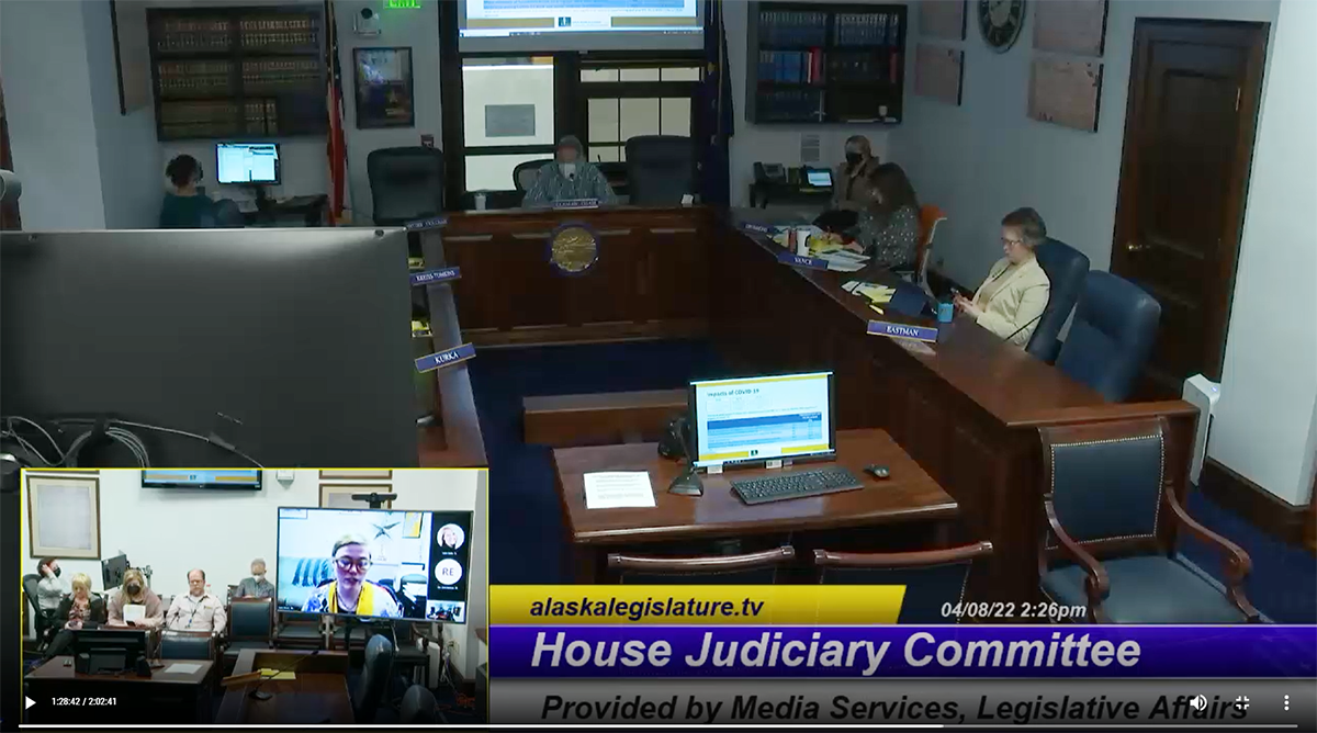 Assistant professor Ingrid Johnson (inset) shares Alaska Victimization Survey results to the Alaska House Judiciary Committee during session on April 8 in this screen shot