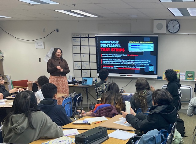 A woman in a brown sweater and long skirt stands next to a projector in front of a classroom full of students