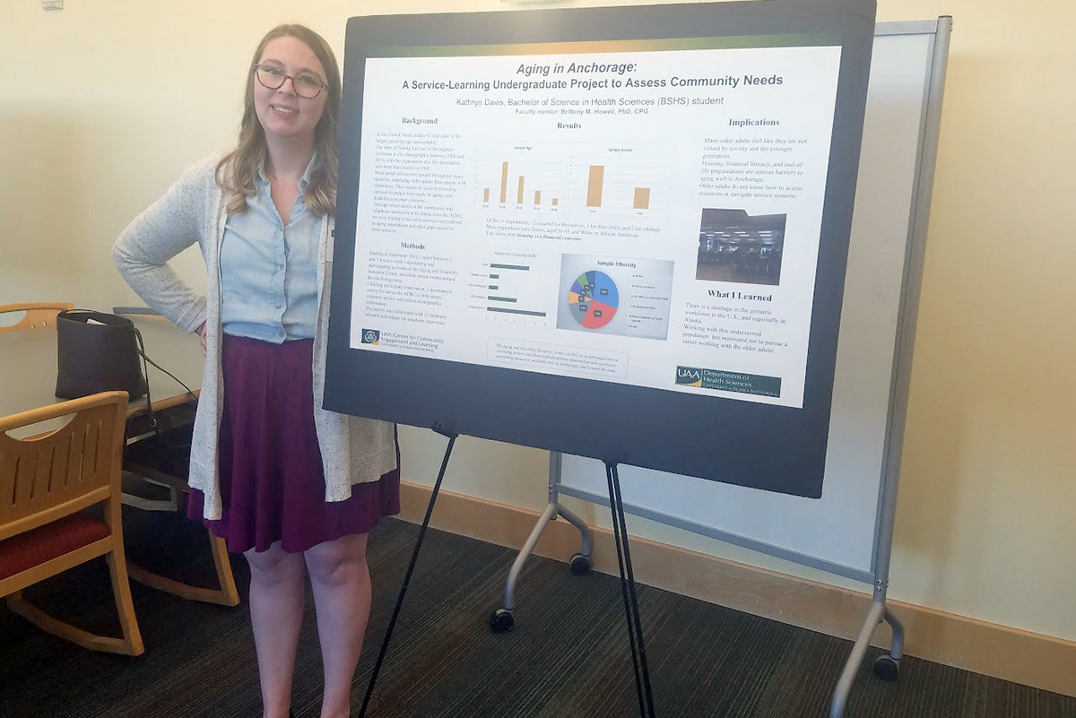 Katie Davis presenting her research at the UAA Center for Community Engagement & Learning student poster forum in 2019.
