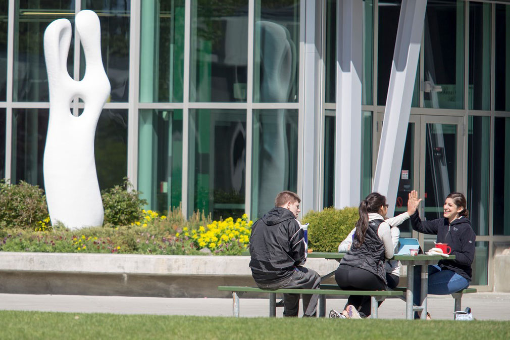 A group of students study outdoors at the UAA campus