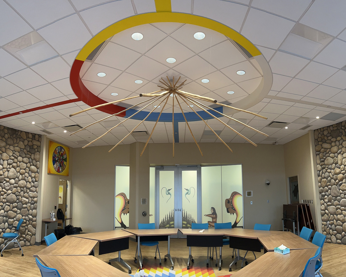 round room with tables, chairs and red, blue, white and yellow ceiling art