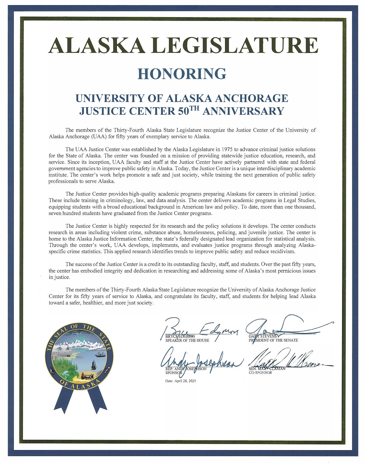 Justice Center 50th Anniversary Legislative Citation