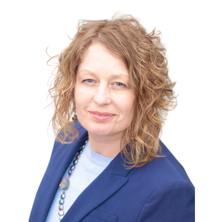 Wendy De Graffenried looks up at the camera. She is wearing a blue professional suit and smiling slightly.