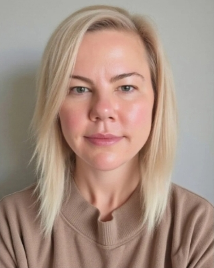 In this close-up head shot, Kristen Alcorn has short blonde hair and wears a brown shirt