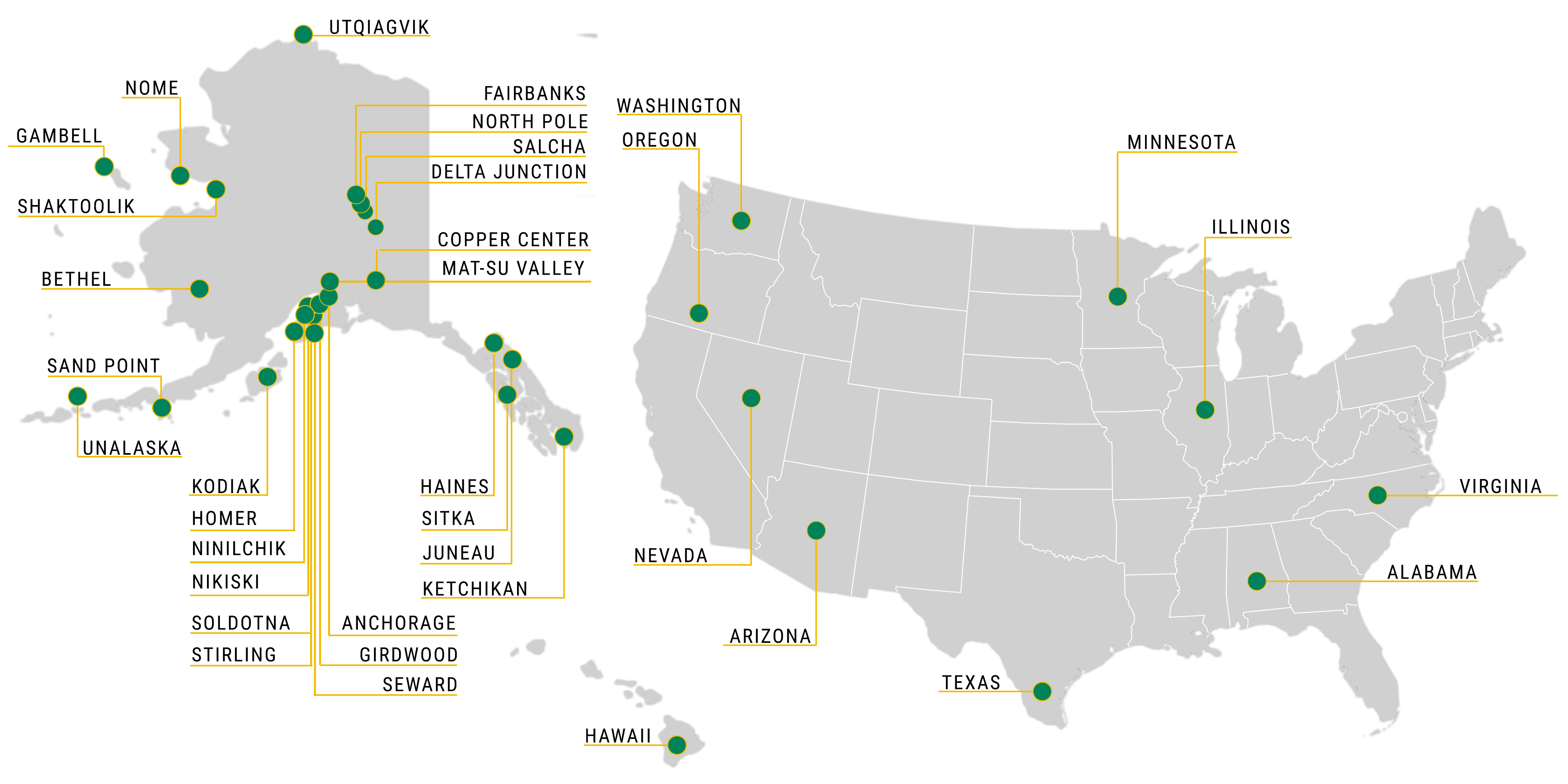Map showcasing dozens of cities in which people completed clinical placements