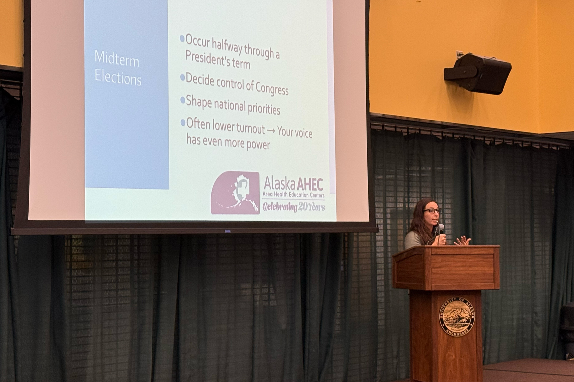 Alaska AHEC Director Gloria Burnett addresses attendees, reflecting on two decades of impact. The anniversary event highlighted AHEC’s enduring commitment to providing quality health education and building the next generation of health care leaders in Alaska. (Photo by Kevin Bennett, UAA Alaska Center for Rural Health & Health Workforce)