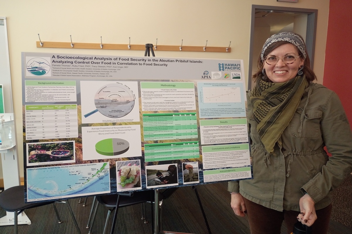 Woman standing by research poster board