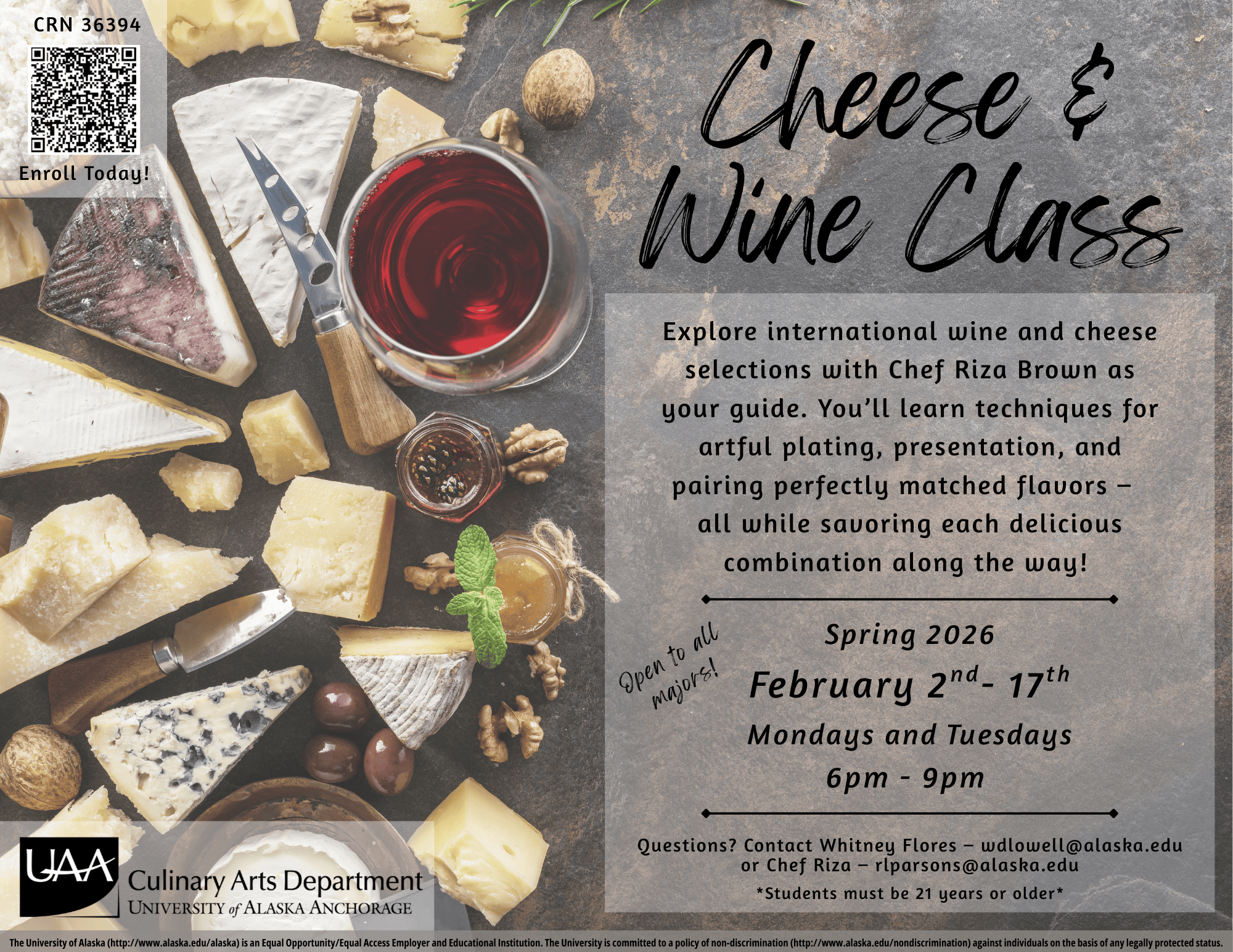 A flyer describing the Cheese & Wine class