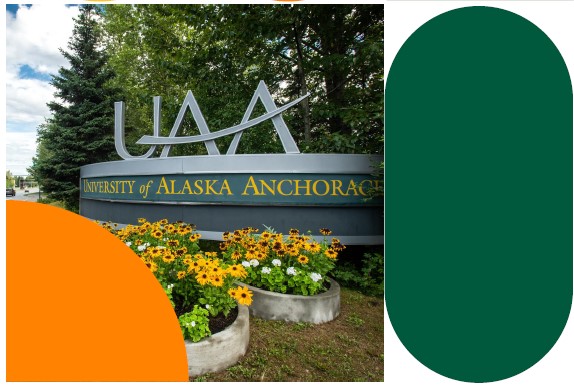UAA campus sign with yellow flowers