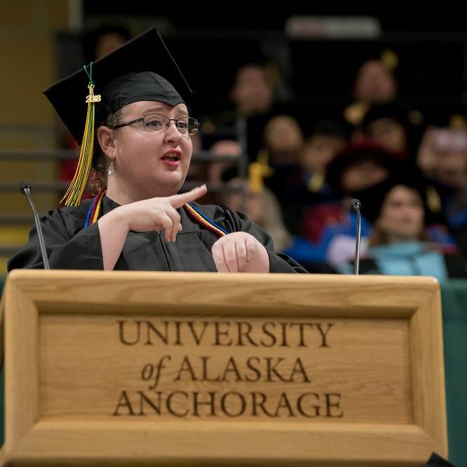 UAA commencement speaker signing in ASL