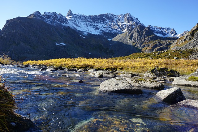River with a mountain in the background.