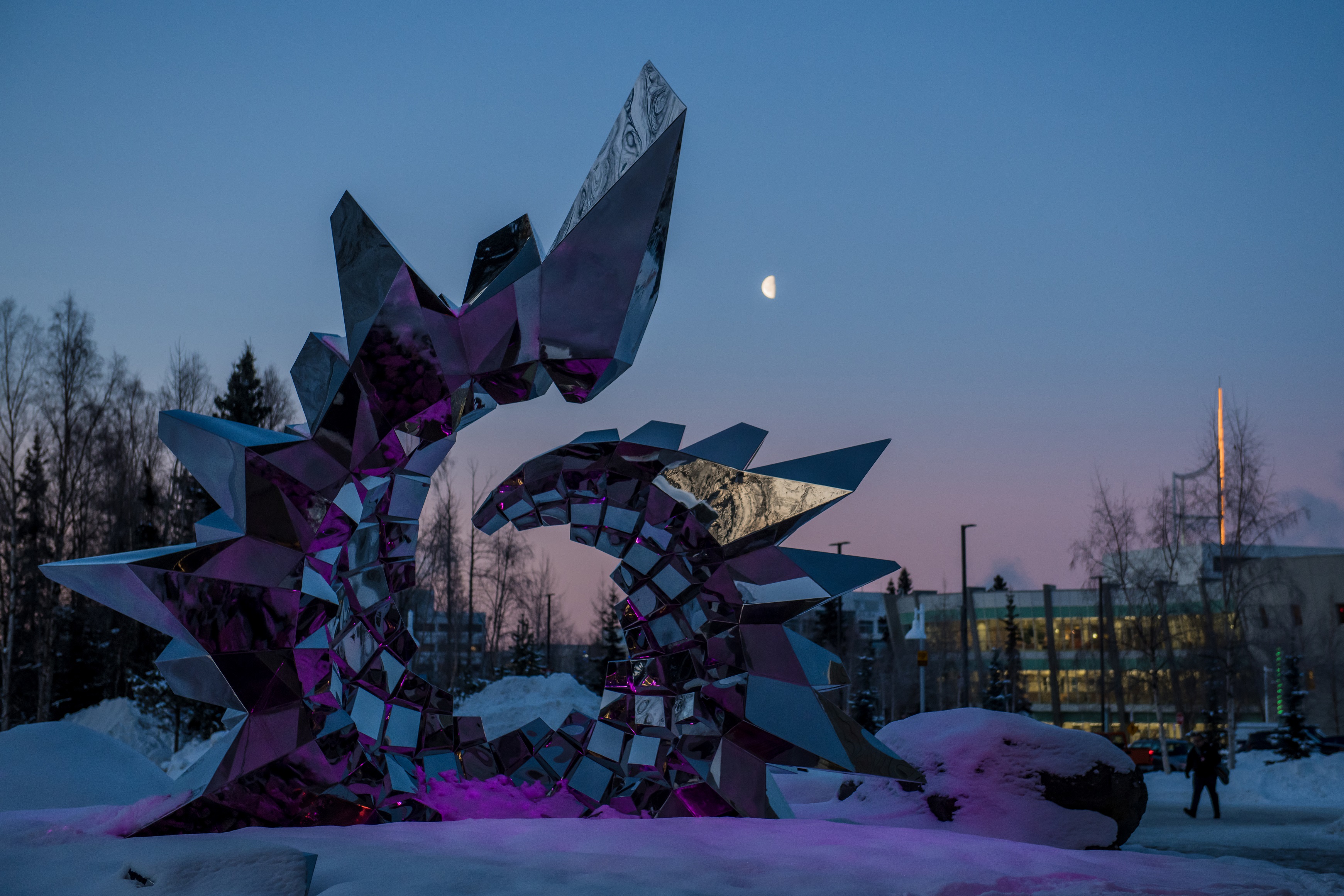 Moon Sculpture Outside the UAA Library at Dusk