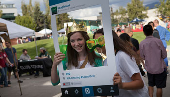 Students pose in spirit gear at Campus Kick-off event.