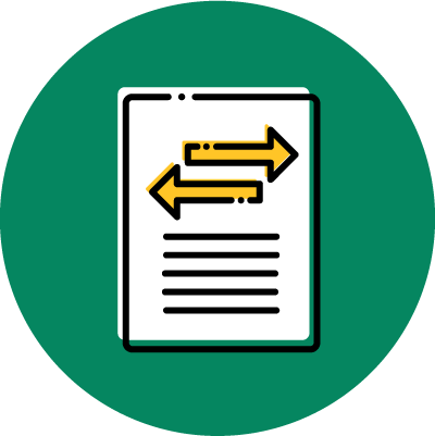 Icon of paper with writing on it and transfer arrows