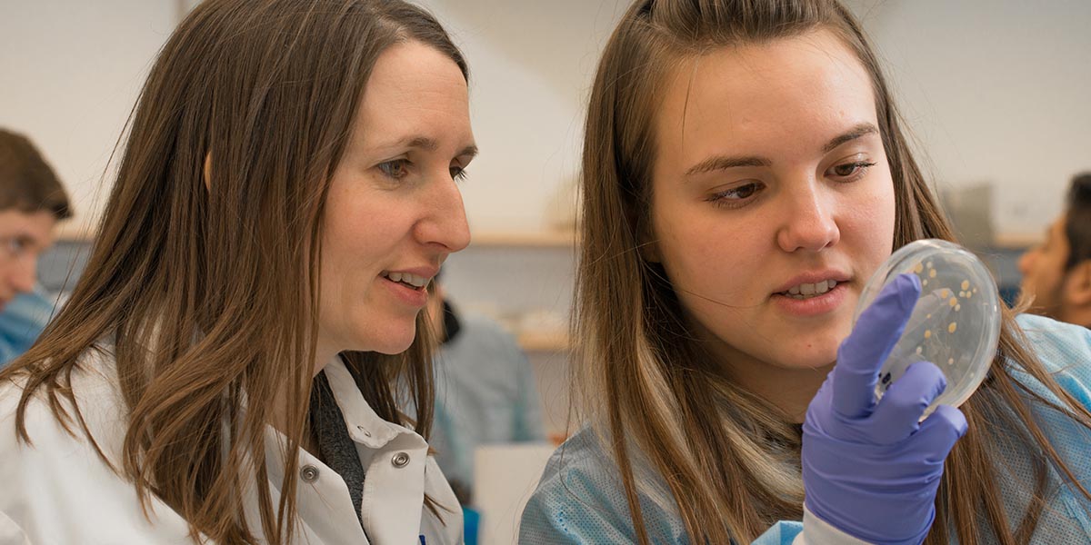Two students examine a petri dish