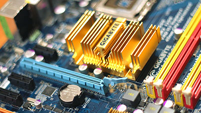 A closeup of a computer motherboard