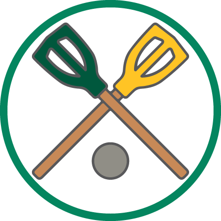 Icon of green and gold broomball sticks and ball.