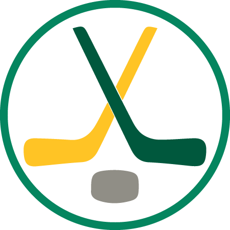 Icon of green and gold hockey sticks and puck.