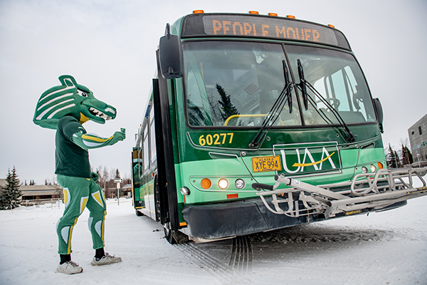 Spirit the Seawolf enters the new UAA-wrapped People Mover bus on the UAA campus in winter.