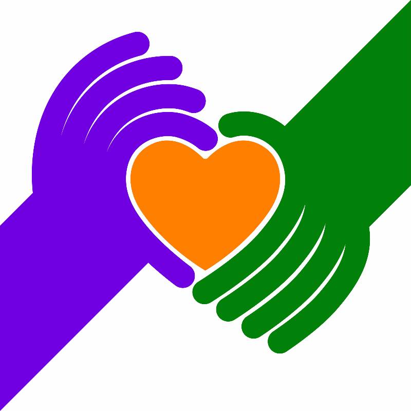 A purple and a green hand holding a heart