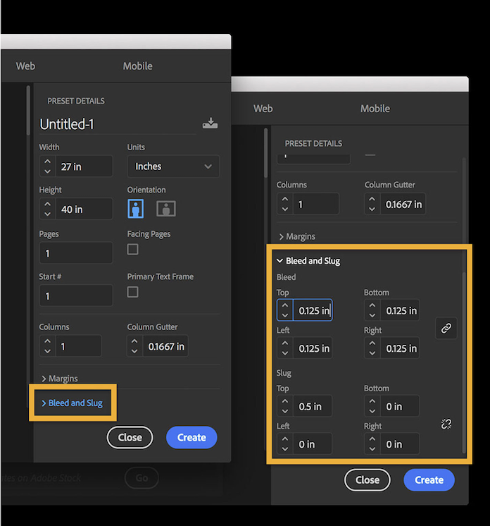 InDesign Graphic A screenshot from the InDesign program, detailing the tools to add a bleed and slug. Details under "Preset Details" and "Bleed Slug" in InDesign.