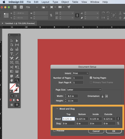 InDesign Bleed and Slug A screenshot from the InDesign program. The screenshot is of the program settings under "Document Setup" and shows a yellow highlight around Bleed and Slug.