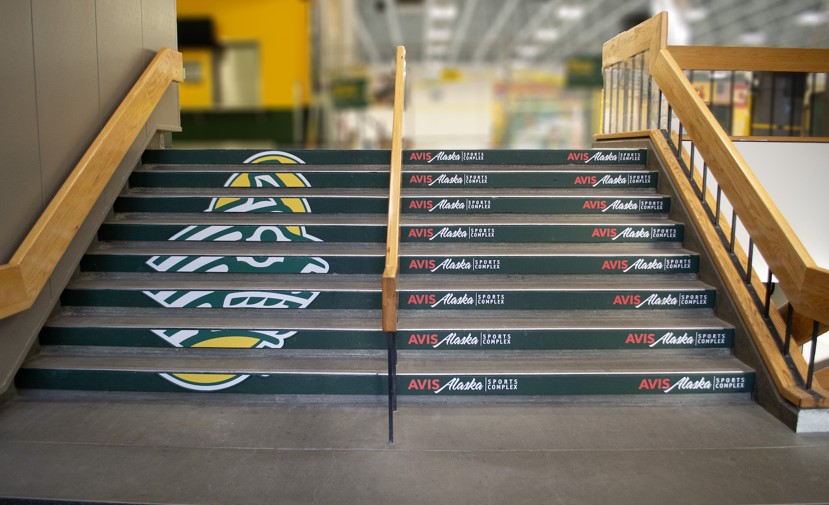 The stairs in the AASC. On the stairs is a large format graphic wrap that has the Seawolf logo and Avis Alaska logo.