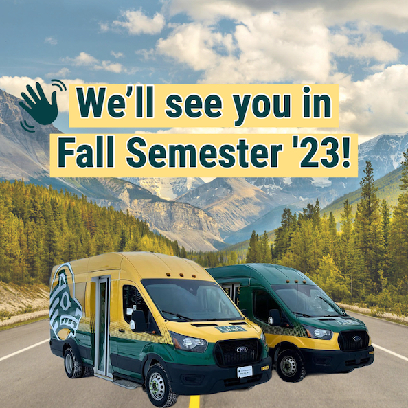 Two Seawolf Shuttles in front of mountains. Text on photo reads: We'll see you in Fall Semester 2023!