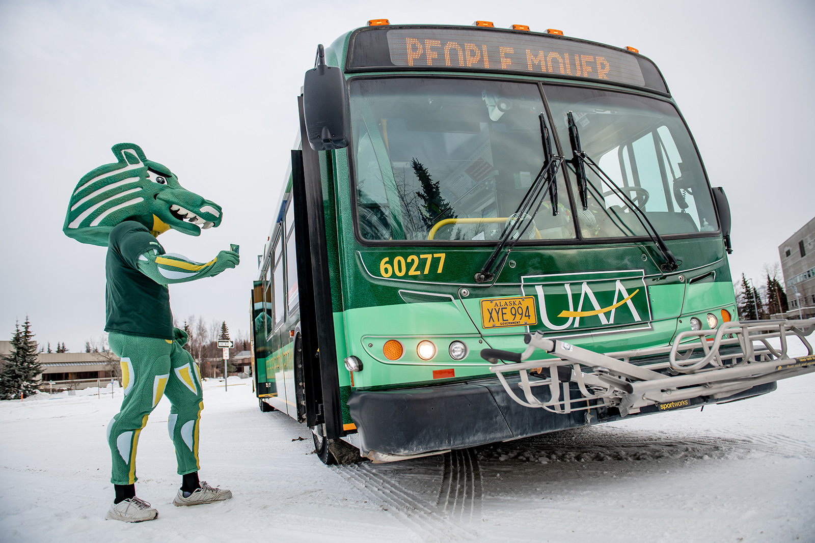 Spirit the Seawolf getting on a People Mover bus in the winter.