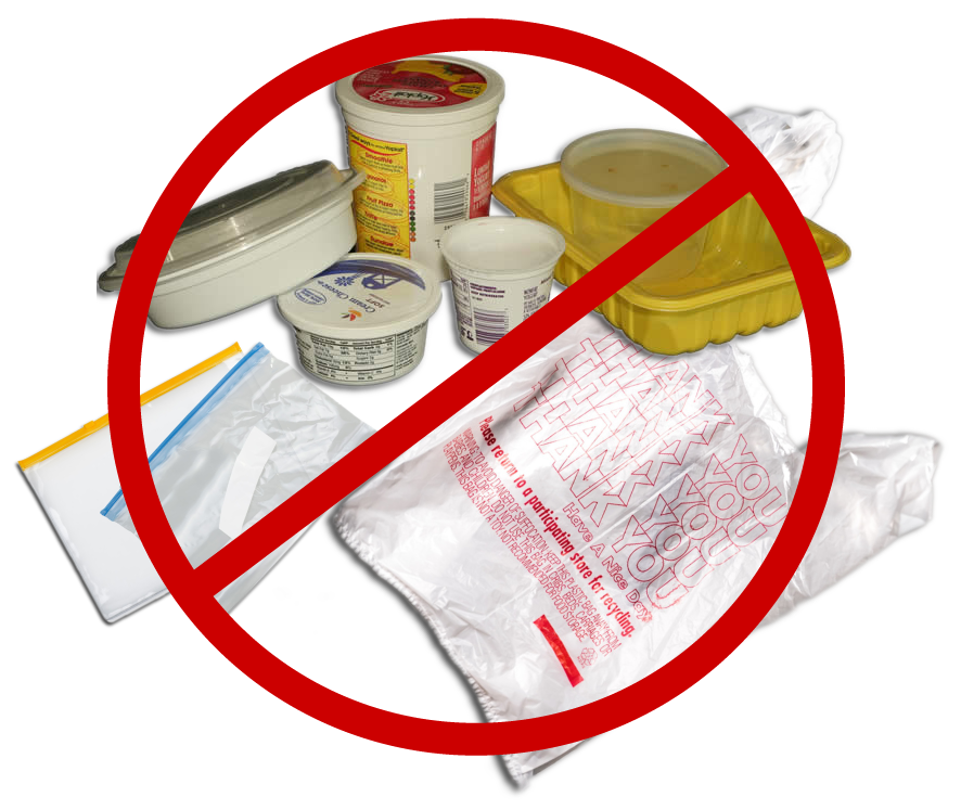 Examples of plastics can not recycle including sandwich bags, shopping bags, and plastics #3-7.