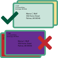 Two groups of envelope icons: the top showing light-tinted envelope colors that are correct; the bottom showing dark envelopes that are incorrect.